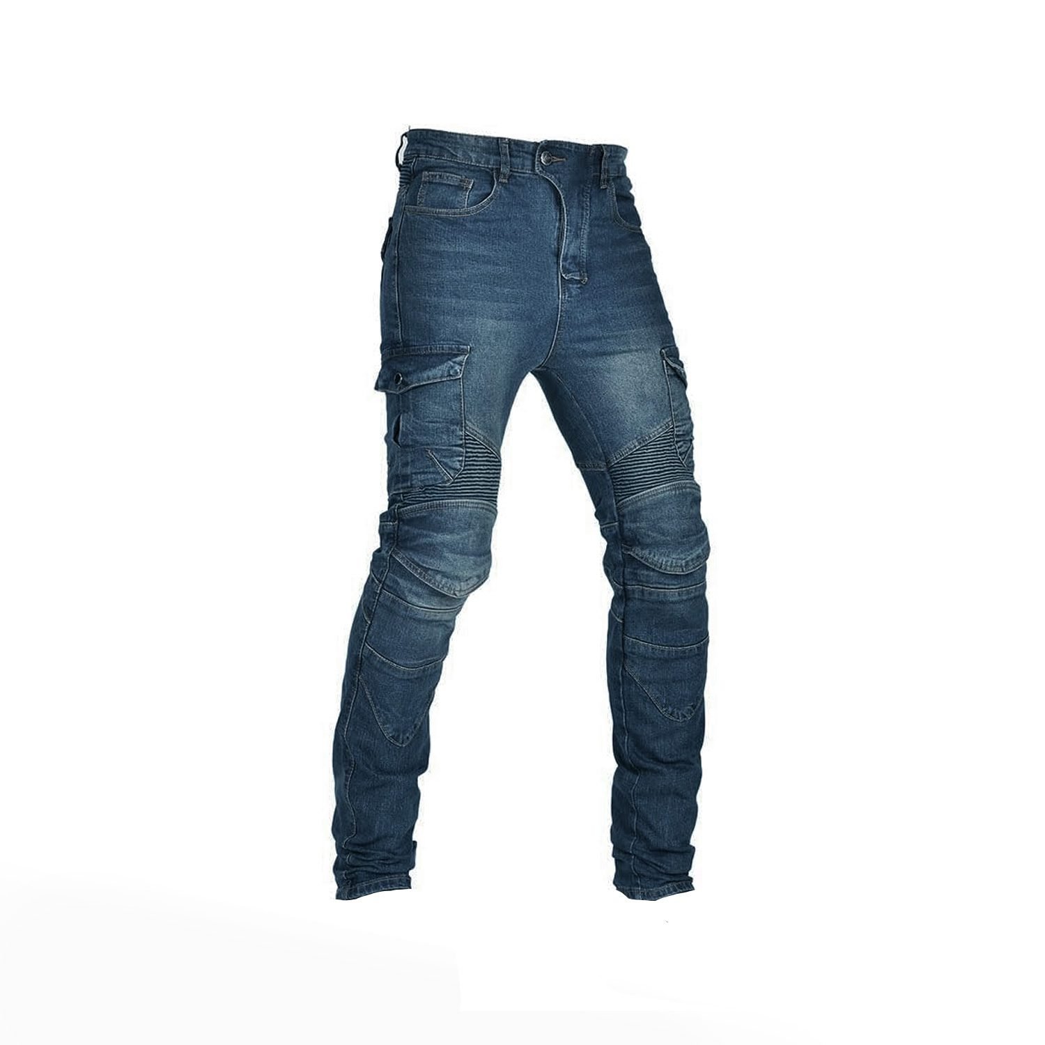 Men's denim blue motorcycle riding jeans with removable knee and hip protectors