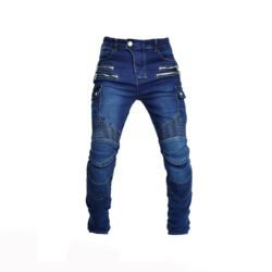 Men's denim blue motorcycle riding jeans with removable knee and hip protectors