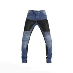 Men's black and blue breathable stretch denim motorcycle riding jeans with removable knee and hip protectors