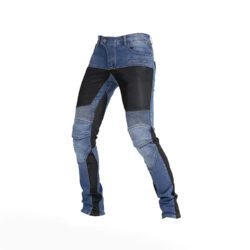 Men's black and blue breathable stretch denim motorcycle riding jeans with removable knee and hip protectors