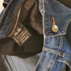 Men's black and blue breathable stretch denim motorcycle riding jeans with removable knee and hip protectors