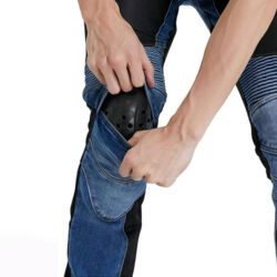 Men's black and blue breathable stretch denim motorcycle riding jeans with removable knee and hip protectors