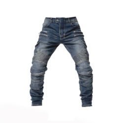 Men's denim blue motorcycle riding jeans with removable knee and hip protectors