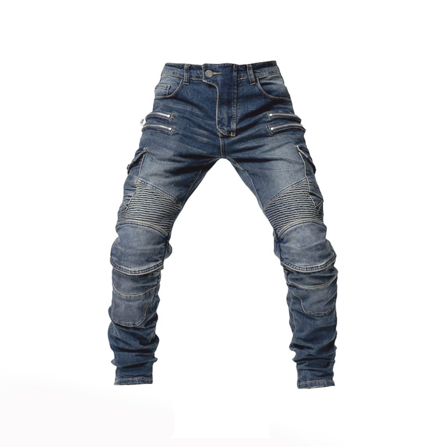 Men's denim blue motorcycle riding jeans with removable knee and hip protectors