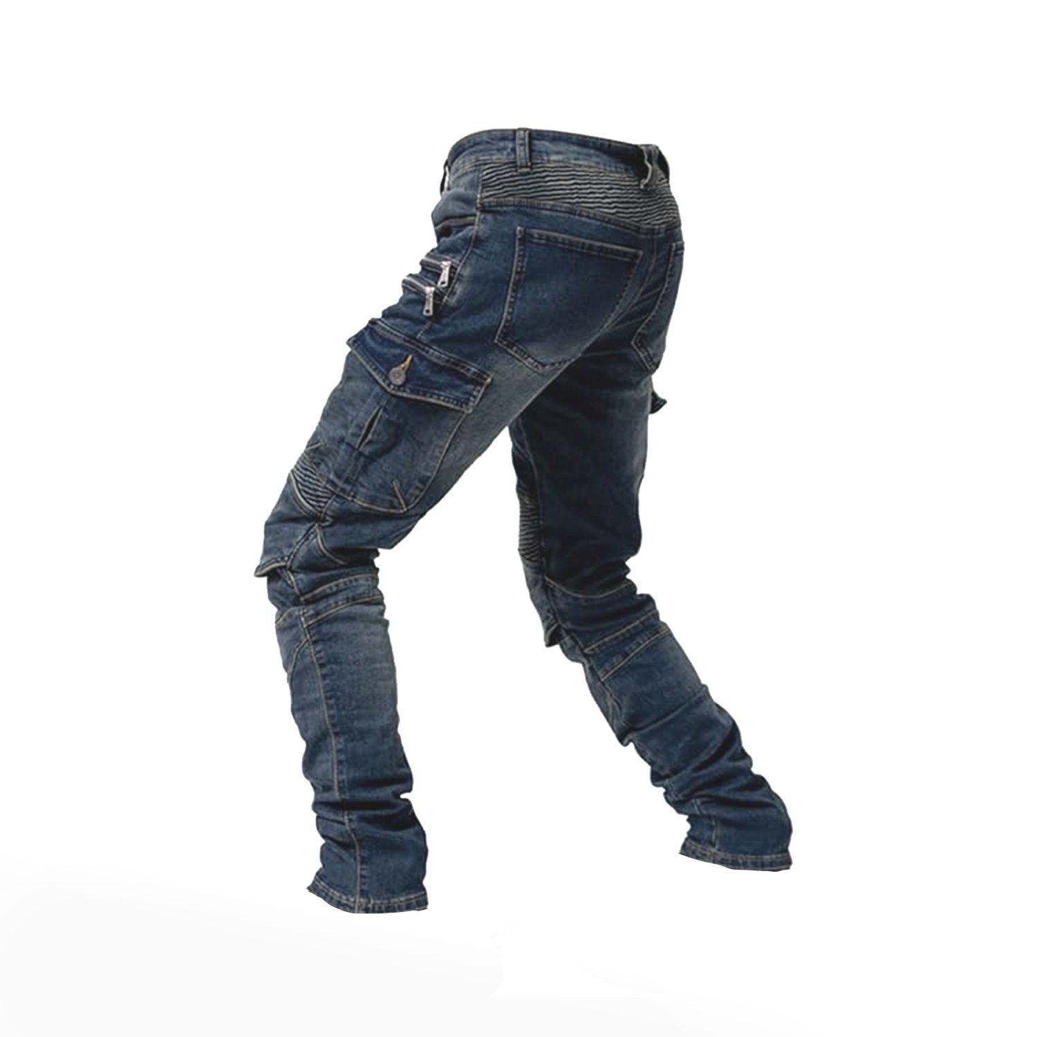 Men's denim blue motorcycle riding jeans with removable knee and hip protectors