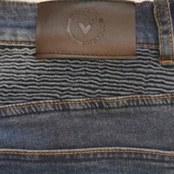 Men's denim blue motorcycle riding jeans with removable knee and hip protectors