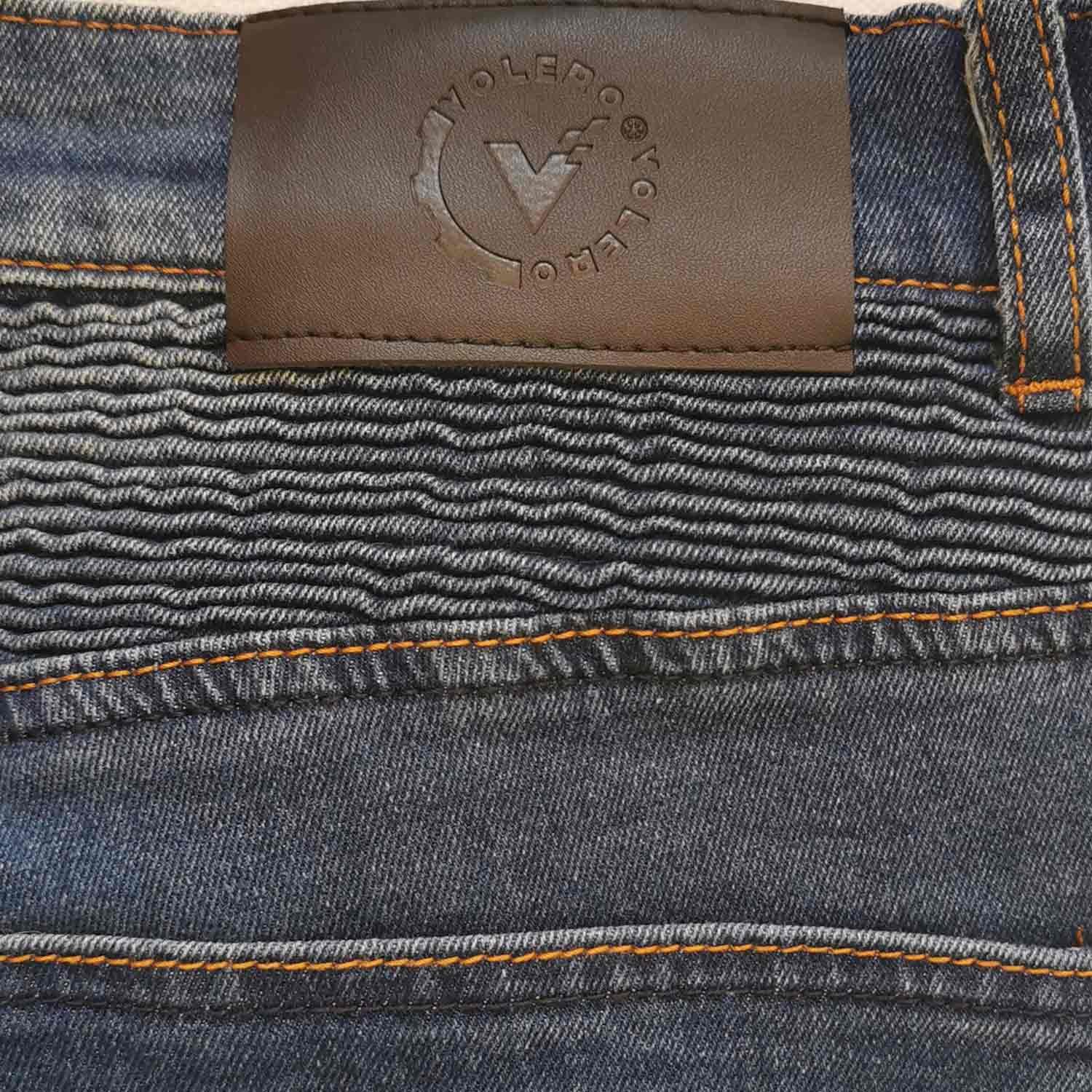 Men's denim blue motorcycle riding jeans with removable knee and hip protectors